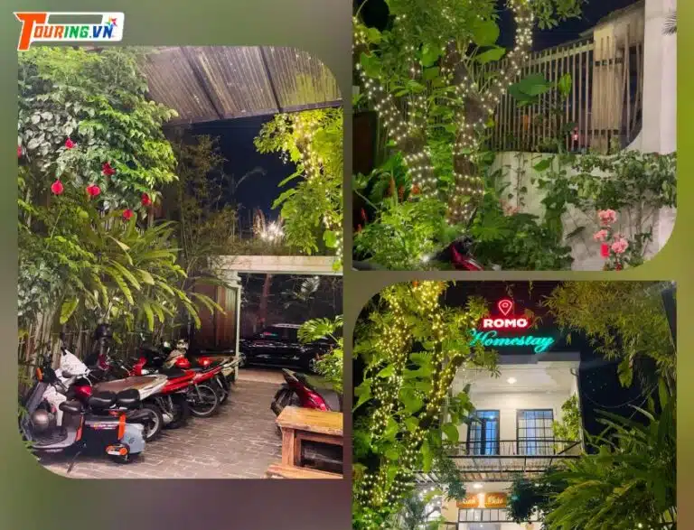 Không gian sân vườn tại Romo Homestay Quảng Ngãi được trang trí theo phong cách mộc mạc với nhiều cây xanh